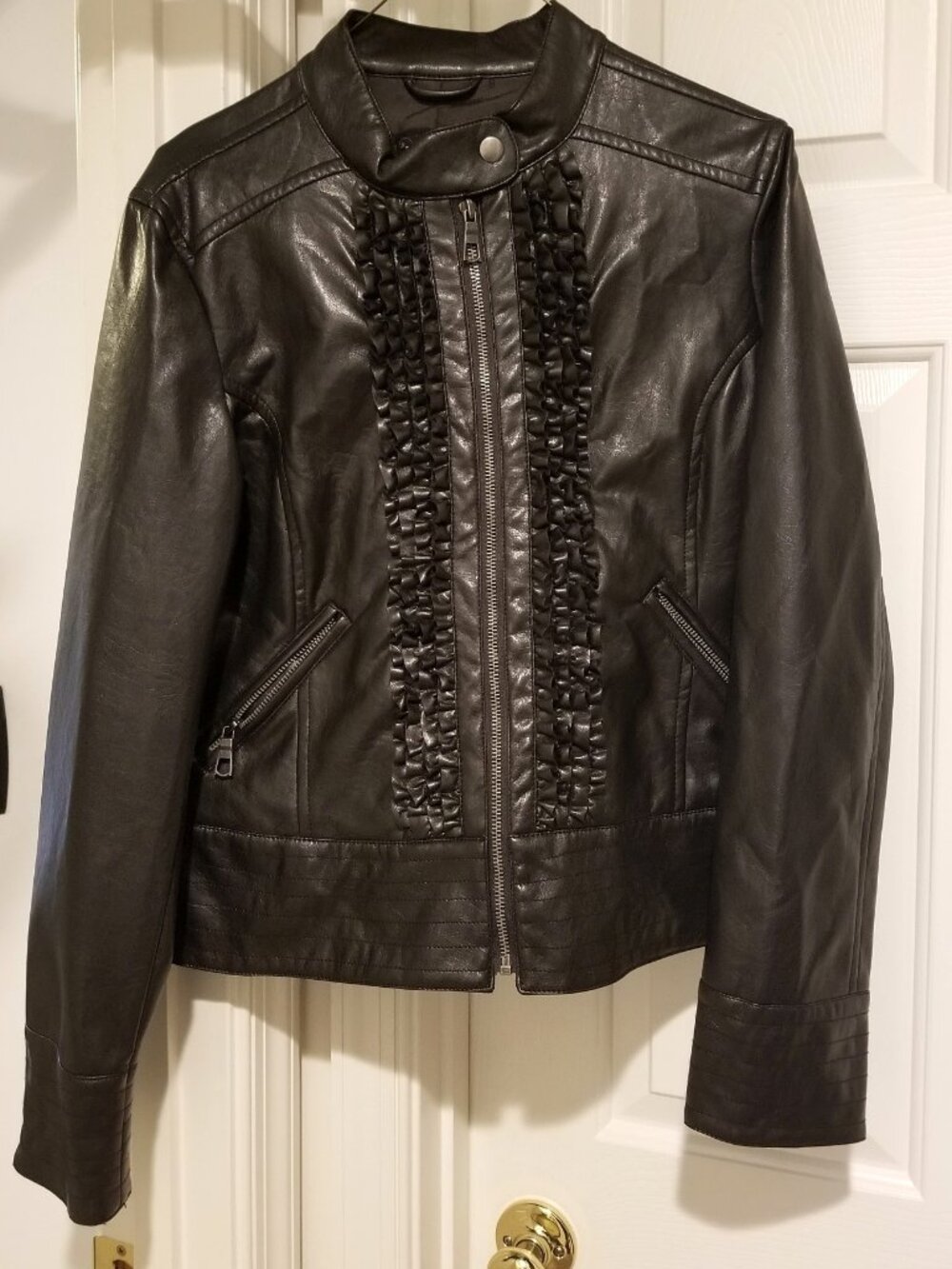 Dark Brown Faux Leather Ruffle Moto Jacket – Women’s